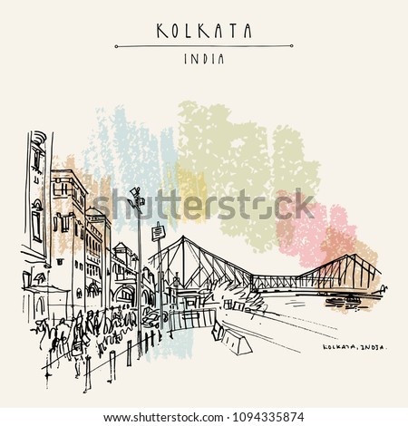 Kolkata, India. The British-era Howrah Junction Railway Station and Howrah Bridge across Hooghly River. Heritage colonial architecture. Famous historical landmarks. Vector hand drawn travel postcard