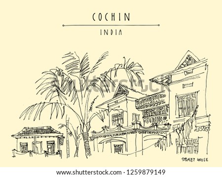 Cochin (Kochi), Kerala, South India. Straley House. Heritage colonial building. Famous historical landmark. Vintage hand drawn travel postcard. Vector illustration