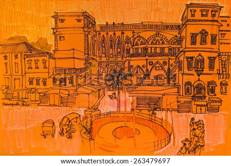 Main square in Junagadh, Gujarat, India. Travel sketch on paper.