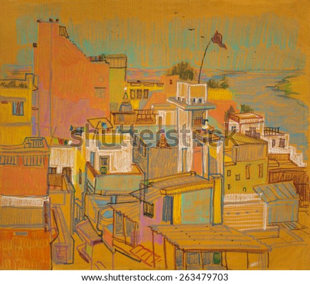 View of Varanasi, Uttar Pradesh, India. Travel sketch on paper.