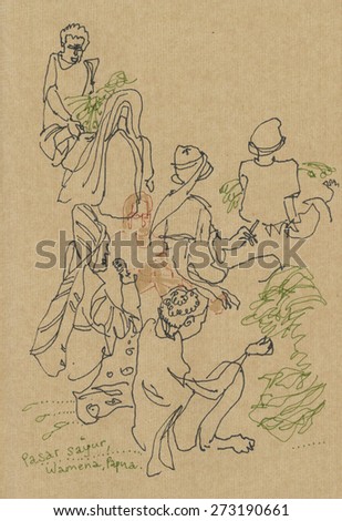 Drawing of tribal Papuan people in Wamena, Jayawijaya, Papua province, Indonesia. Hand drawn illustration on natural color textured paper. Quick sketch drawing.