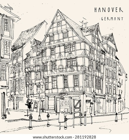 View of old center in Hanover, Germany. Historical building line art. Freehand drawing with liner pen and pencils on paper. Travel sketch with Hannover hand lettering. Postcard template