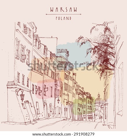 A street in old center of Warsaw, Poland, Europe. Historical buildings line art in retro colors. Artistic illustration. Travel sketch drawing, hand lettering. Vintage style postcard poster template