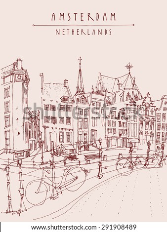 Amsterdam city architecture, bridge, bicycles. City skyline, traditional old houses. Retro style illustration. Travel touristic poster, postcards, greeting cards template. Hand drawn vintage sketch