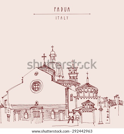 Padua, Veneto, Italy. Cathedral of the Assumption of Mary of Padua, Roman Catholic church and minor basilica. Historical building. Vector illustration, hand lettering. Touristic postcard template
