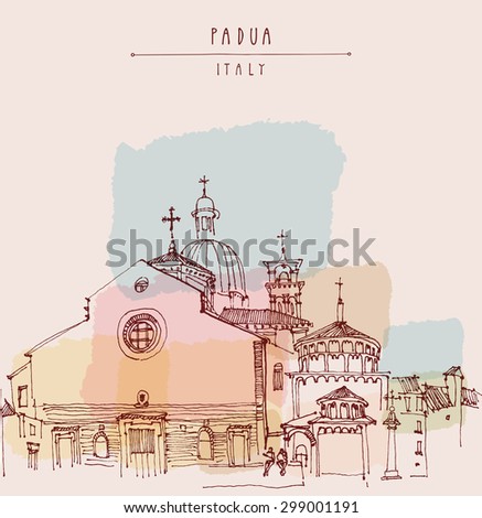 Cathedral of the Assumption of Mary of Padua, Roman Catholic church and minor basilica in Padua, Veneto, Italy. Isolated vector illustration. Historical building. Hand lettering. Postcard template