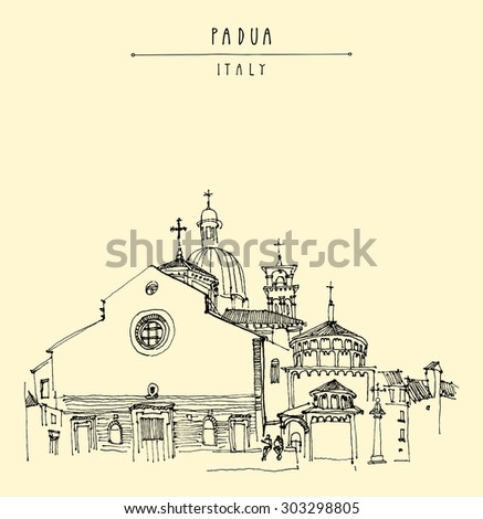 Padua, Veneto, Italy, Europe. Cathedral of the Assumption of Mary of Padua, Roman Catholic church and minor basilica. Isolated vector illustration. Postcard template with \
