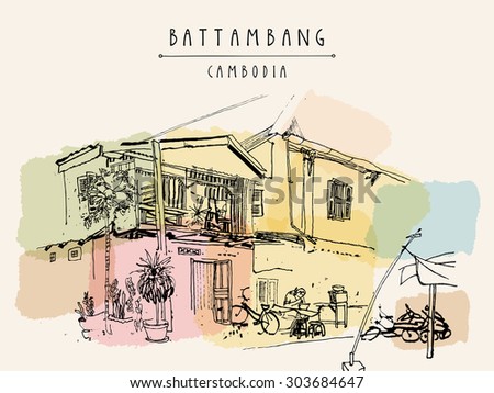 Battambang, Cambodia, Southeast Asia. Residential house and cafe in old town. French colonial architecture. Touristic sketchy hand drawn postcard with \