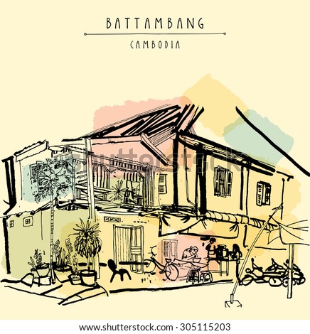 Battambang, Cambodia, Southeast Asia. Residential house and cafe in old town. French colonial architecture. Touristic sketchy hand drawn postcard with 