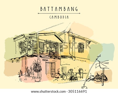 Battambang, Cambodia, Southeast Asia. Residential house and cafe in old town. French colonial architecture. Touristic sketchy hand drawn postcard with \