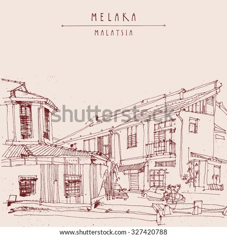 Houses on the river in Melaka, Malaysia, Southeast Asia. Colonial buildings. Vintage vector postcard