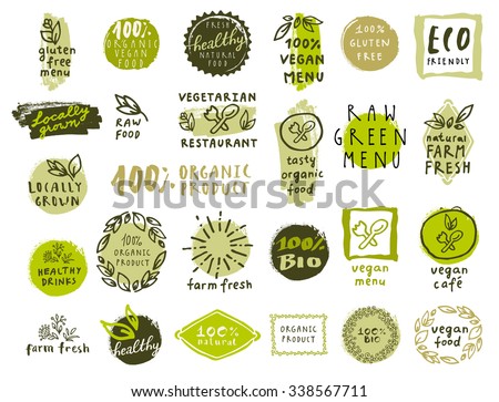 Retro set of 100% bio, organic, gluten free, eco, healthy food labels. Hand drawn logo templates with floral and vintage elements for restaurant menu or food package. Vector badges in hipster style