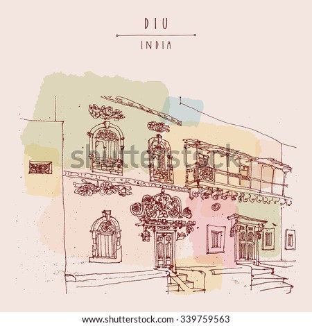Diu, India. Amazing old traditional beautiful Portuguese colonial building Artistic freehand drawing on paper. Travel sketch. Touristic poster banner postcard template with copy space, hand lettering