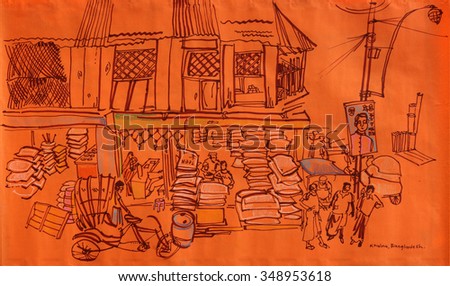 Shops in Khulna, Bangladesh, South Asia. People trading. Travel sketch, artistic hand drawn illustration