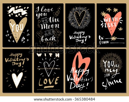 Hand drawn Valentine\'s Day cards. For You, I Love You to The Moon and Back, You Are Awesome, You Are My Sunshine, With Love.  Modern calligraphy, hand lettering