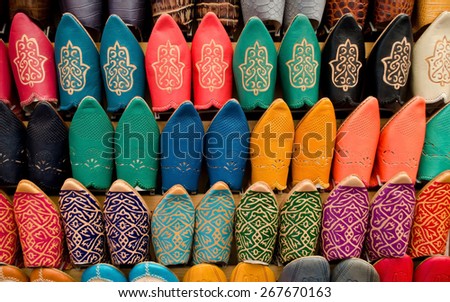 Many slippers colorful for sale in the souk of Marrakech, Morocco
