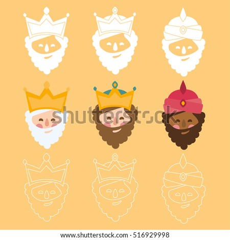 the three kings of orient. 3 magi icons vector yellow set