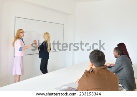 Professor examines a group of young students, black, white, Chinese and girls
