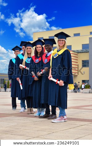 group of young and successful students, black, white, and beautiful blonde girls the celebration certificate