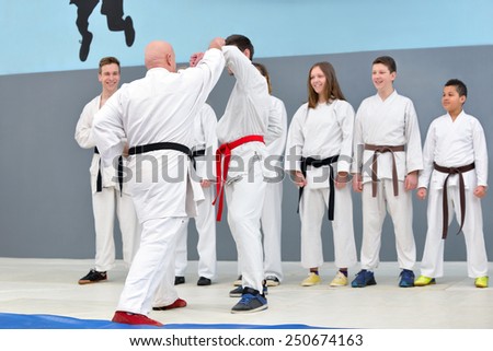 successful old karate master trains a group of young people karate