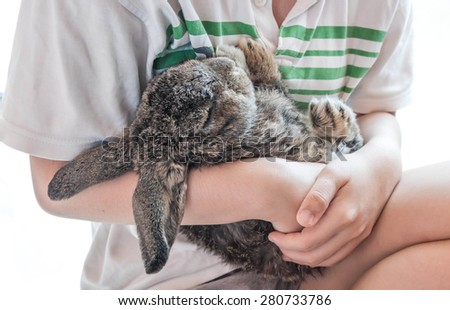 A girl carrying sleeping rabbit, isolated on white background