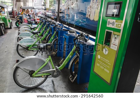 BANGKOK THAILAND - JUNE 28 - Public eco-friendly transportation, bicycles for rents at Siam center on June 28, 2015 in Bangkok Thailand