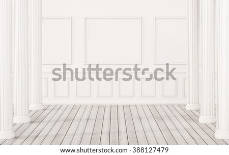 Classic interior, white wood floor and white wall with roman pillars, 3d rendered