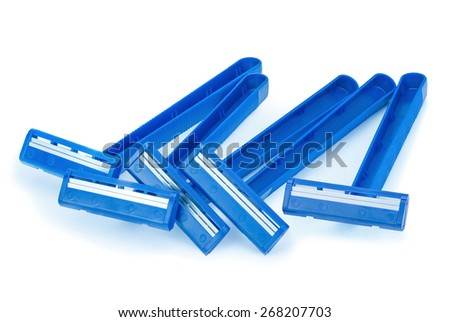 Five disposable razors blue isolated on white background