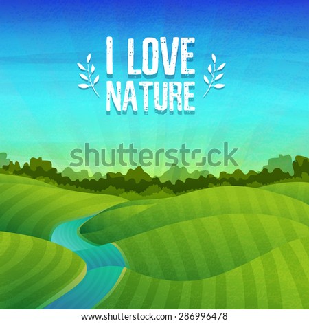 Template banner design, posters with logo about nature. Landscape with fields, meadows, river, sunrise and forest. Vector. Place for your text.