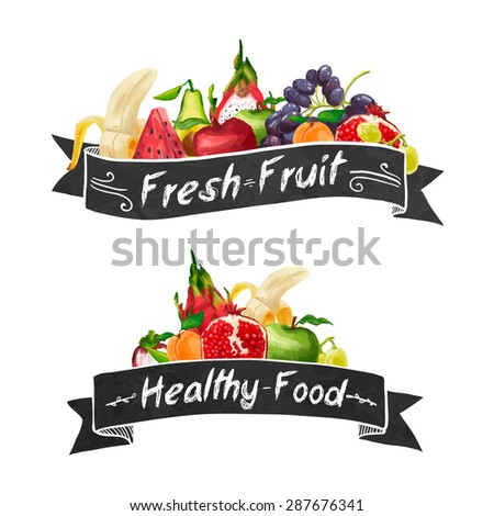 Template logo or decoration in retro style. Ribbons and different set of fruit in a watercolor style.