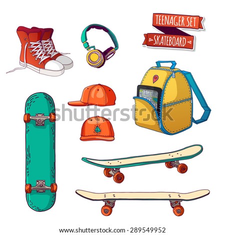 Set things. Street style. Things teenager. All sports skateboarding. Hipster style. Cartoon style. Vector.