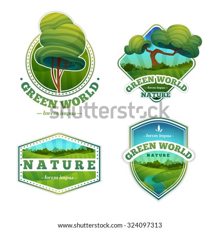 Set of logos, signs, badges with nature, landscape, trees. Cartoon style. Vector. Place for your text.