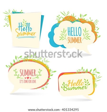 Set banner, logo, sticker, bubble with Hello summer. Bubble with Hello summer decoration with plants, flowers. Summer nature decor. Collection talk bubble summer banner. Vector.