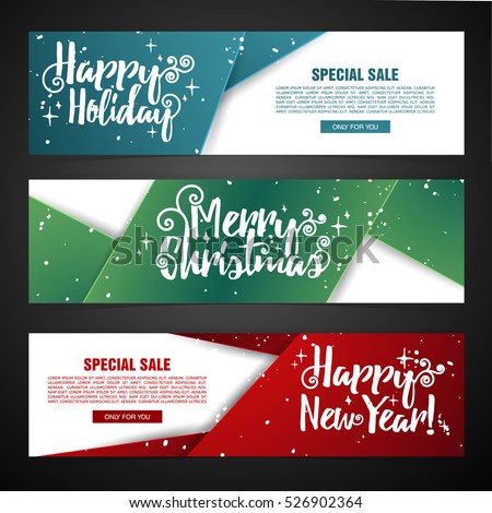 Set template design Merry Christmas horizontal banner. Flyer with different color tape  and Happy holiday text. Horizontal banner for new year sale with snow decoration. Christmas offer. Vector.