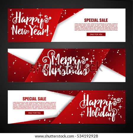 Set template design Merry Christmas horizontal banner. Flyer with red tape background and Happy holiday text. Banner for new year sale. Christmas offer. Vector.