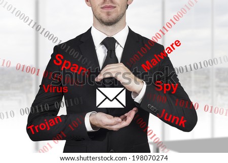 businessman in black suit protecting mail from spam attack malware with hands
