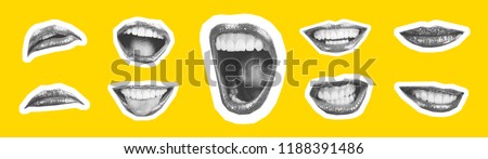 Collage in magazine style with emotional woman's lip gestures set. Girl mouth close up with lipstick makeup expressing different emotions. Black and white toned sunny summer colorful yellow background