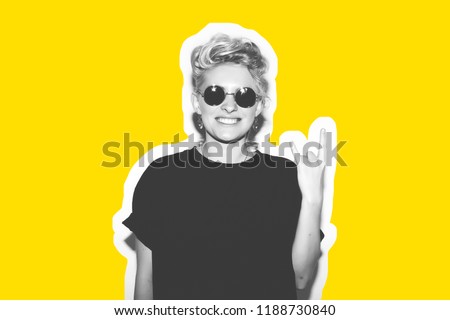 Collage in magazine style of stylish fashion sexy blonde bad girl in a black t-shirt and rock sunglasses. Dangerous rocky emotional woman. Black and white toned. White background, not isolated