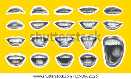 Collage in magazine style with emotional woman\'s lip gestures set. Girl mouth close up with lipstick makeup expressing different emotions. Black and white toned sunny summer colorful yellow background
