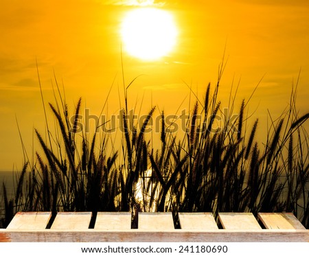old wood table and grass Silhouette At yellow Sunset Sunset colored smoke and grass background.