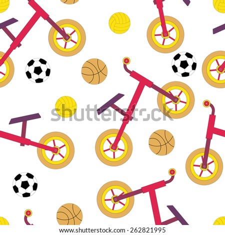 Vector seamless pattern with bikes and balls. Active sports in the air.