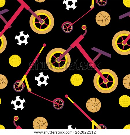 Vector seamless pattern with bikes, scooters and balls. Active sports in the air.