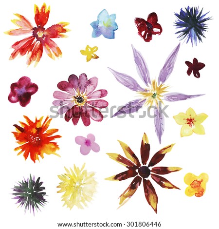 Set of watercolor hand drawn flowers. Elements for your design.