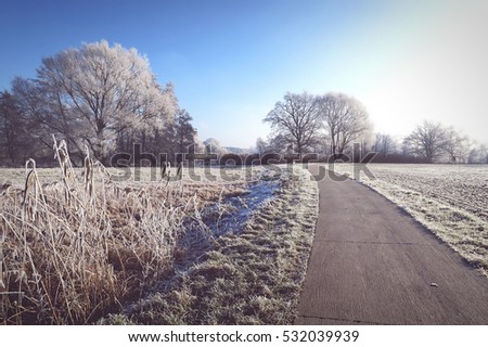 rime frost landscape at Havel river (Brandenburg - Germany). Along Havel bike path (Havelradweg) in Havelland region. vintage effect