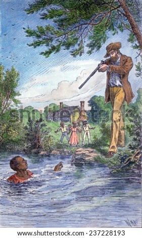 Maryland overseer Austin Gore about to murder a slave named Denby for resisting whipping in the 1820\'s. Wood engraving with modern watercolor.