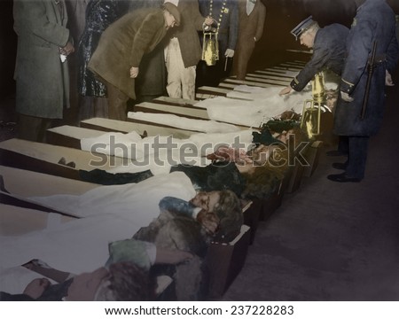 Triangle Shirtwaist fire victims in coffins at the morgue, March 25 1911, photo illustration with digital color.