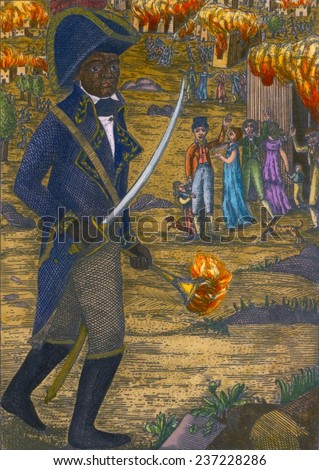 Henri Christophe 1767- 1820 a military commander during the Haitian Revolution depicted burning a white settlement, 1806 engraving with modern watercolor.
