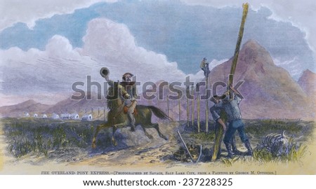 Pony Express rider passes a telegraph construction crew that put the overland mail service out of business in October 1861, wood engraving with modern watercolor.