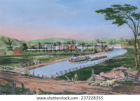 The Erie Canal took eight years to build and when completed in 1825 it opened the Great Lakes and Northwest Territory to trade and emigrants, 1829 drawing with modern watercolor.