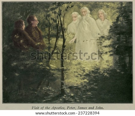 Visit of the Apostles Peter James and John to Joseph Smith and Oliver Cowdery, 1912 book illustration with digital color.